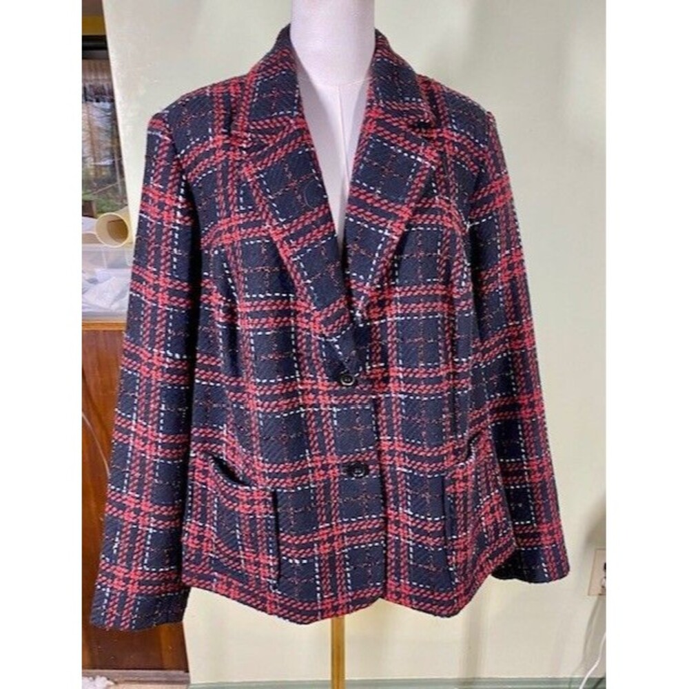 Fashion Bug Womens Plus Sz 22W Blazer Jacket Tweed Plaid Pockets Wool Blend